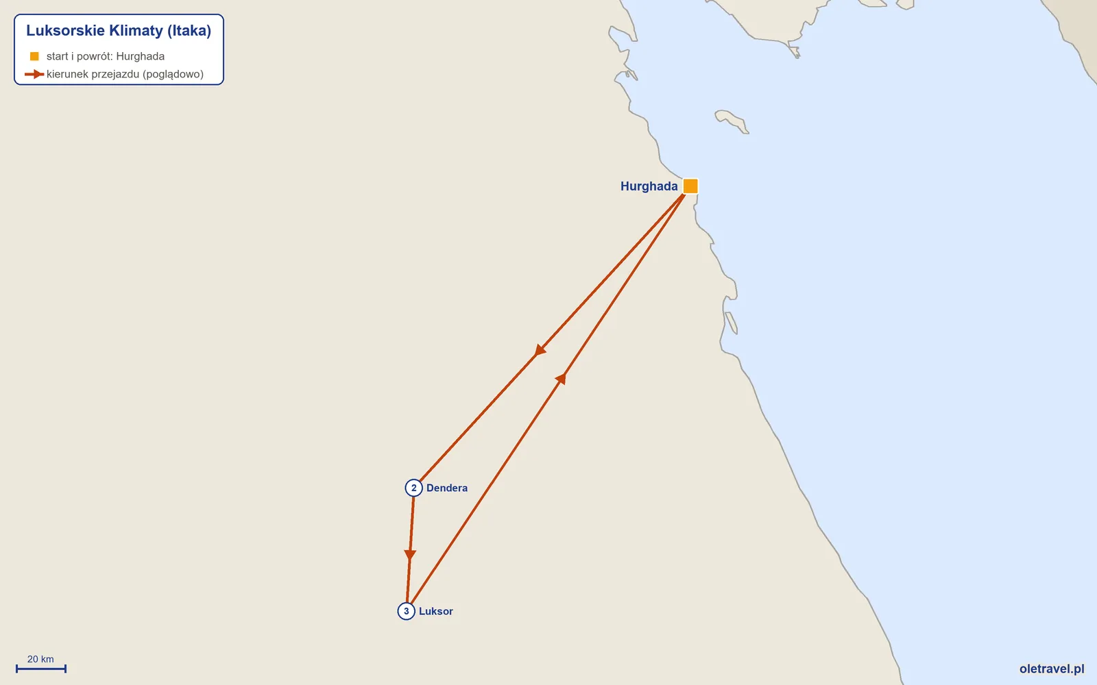 Mapa trasy wycieczki „Luksorskie Klimaty” z Itaką: Hurghada – Dendera – Luksor – Hurghada