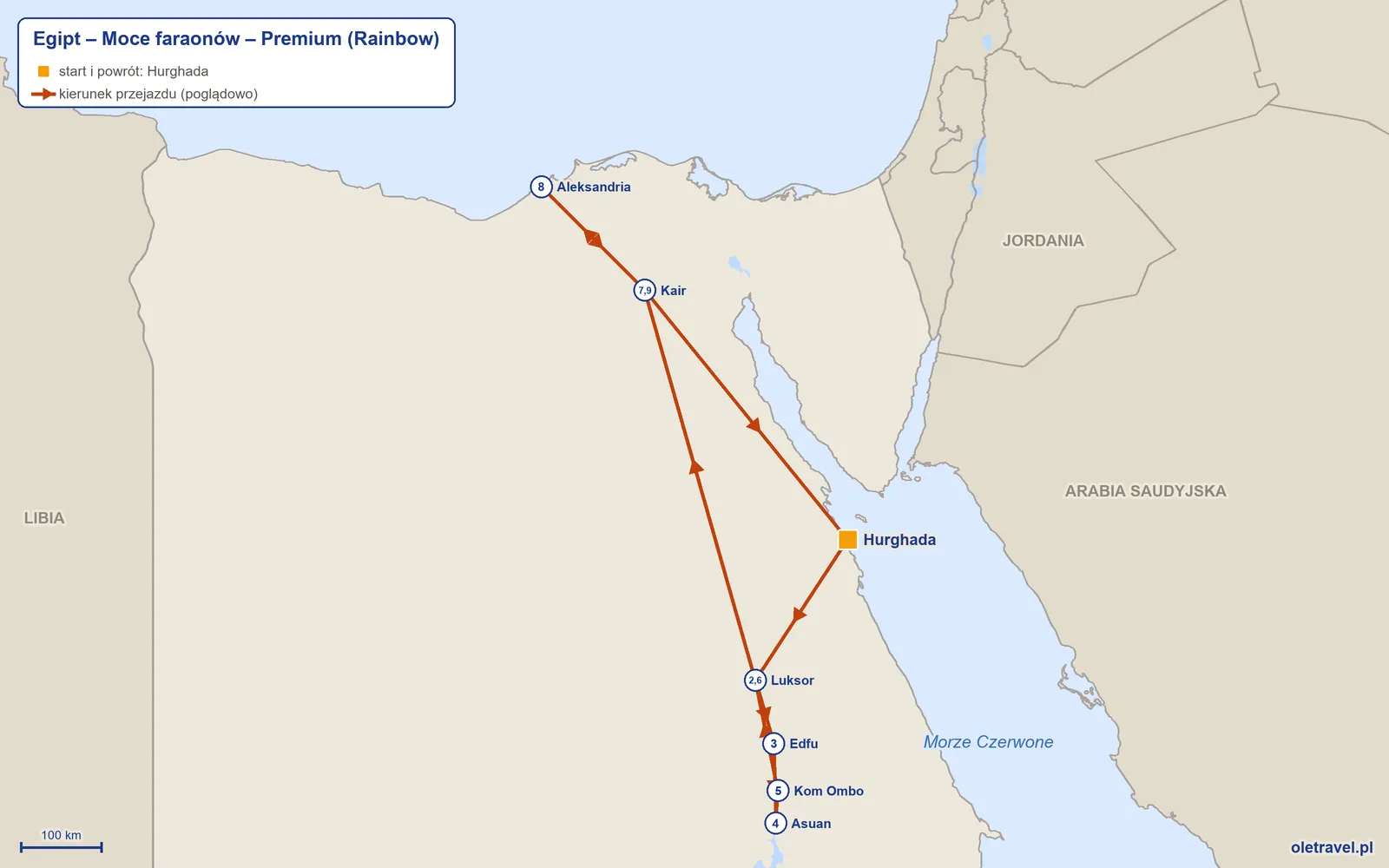 Mapa trasy wycieczki „Egipt – Moce faraonów – Premium” z Rainbow: Hurghada – Luksor – Edfu – Asuan – Kom Ombo – Luksor – Kair – Aleksandria – Kair – Hurghada