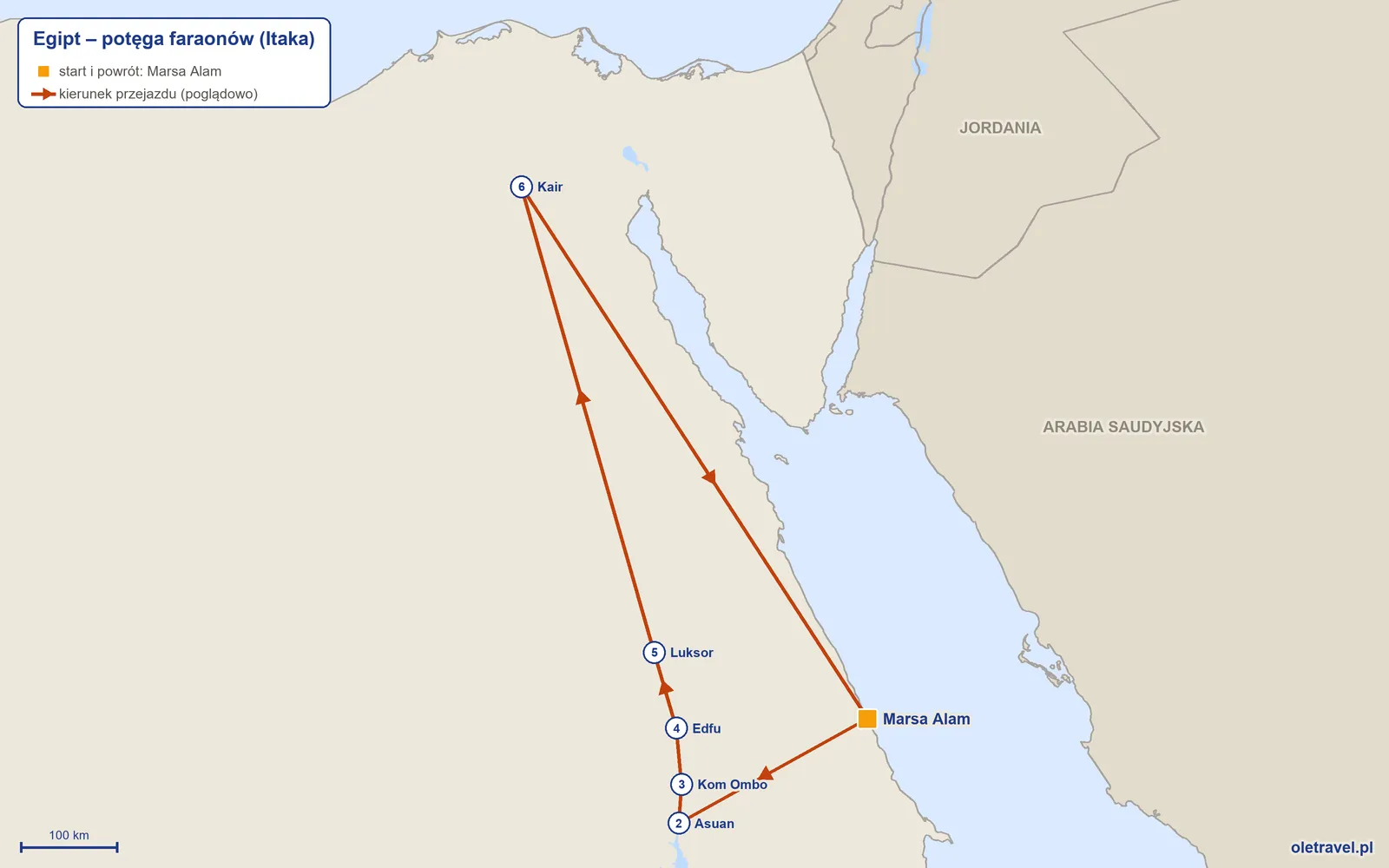 Mapa trasy wycieczki „Egipt – potęga faraonów” z Itaką: Marsa Alam – Asuan – Kom Ombo – Edfu – Luksor – Kair – Marsa Alam