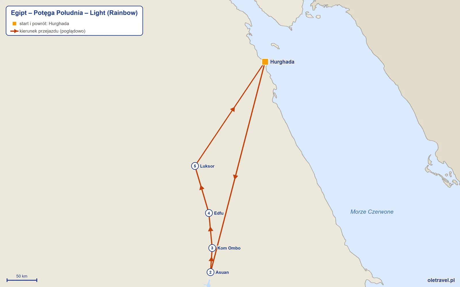 Mapa trasy wycieczki „Egipt – Potęga Południa – Light” z Rainbow: Hurghada – Asuan – Kom Ombo – Edfu – Luksor – Hurghada