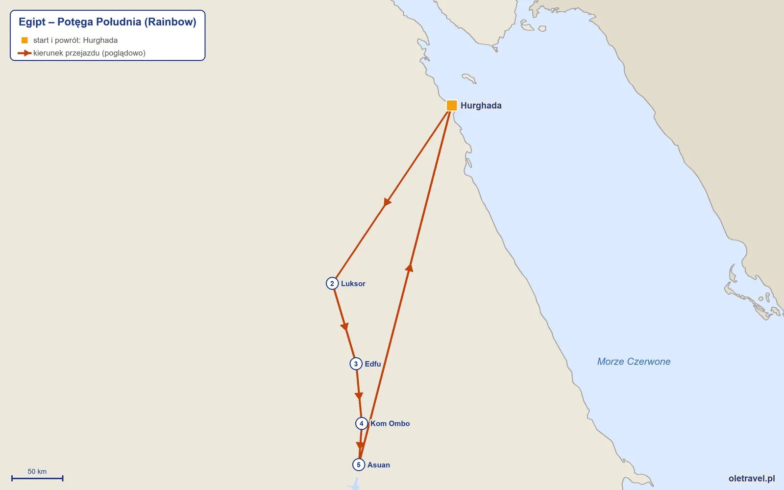 Mapa trasy wycieczki „Egipt – Potęga Południa” z Rainbow: Hurghada – Luksor – Edfu – Kom Ombo – Asuan – Hurghada