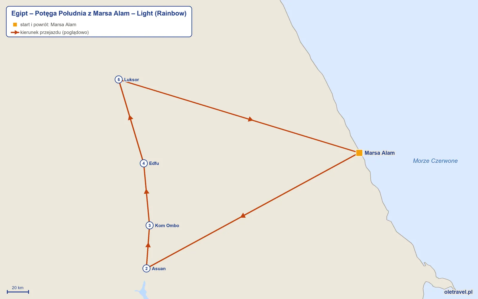 Mapa trasy wycieczki „Egipt – Potęga Południa z Marsa Alam – Light” z Rainbow: Marsa Alam – Asuan – Kom Ombo – Edfu – Luksor – Marsa Alam