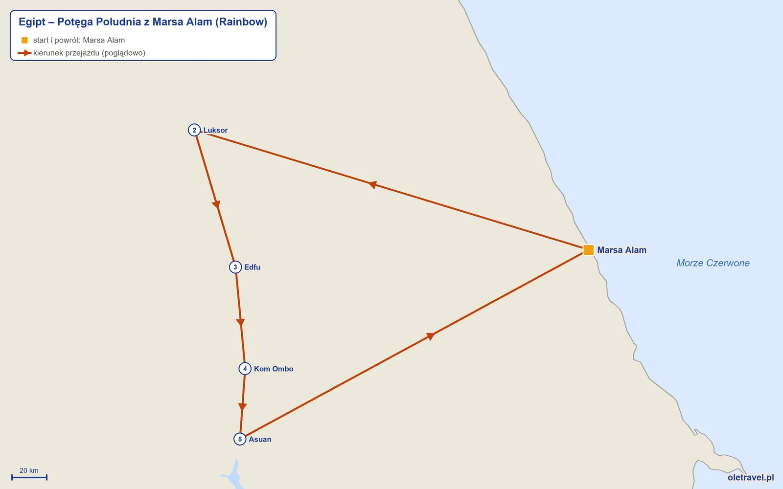 Mapa trasy wycieczki „Egipt – Potęga Południa z Marsa Alam” z Rainbow: Marsa Alam – Luksor – Edfu – Kom Ombo – Asuan – Marsa Alam