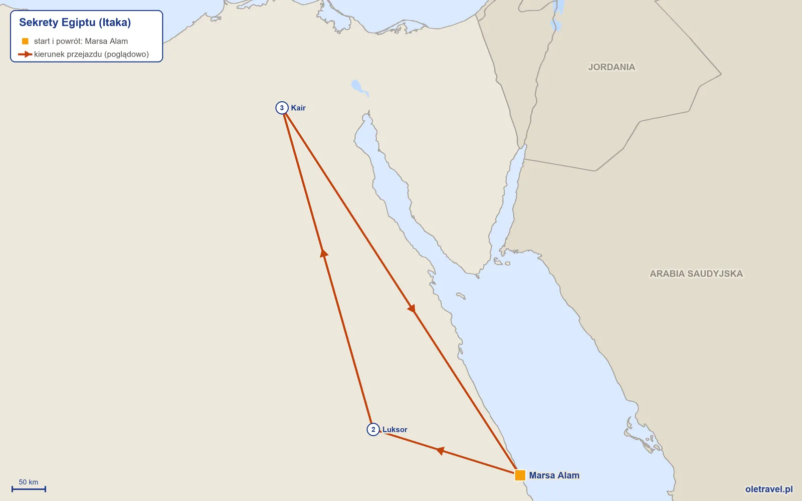Mapa trasy wycieczki „Sekrety Egiptu” z Itaką: Marsa Alam – Luksor – Kair – Marsa Alam