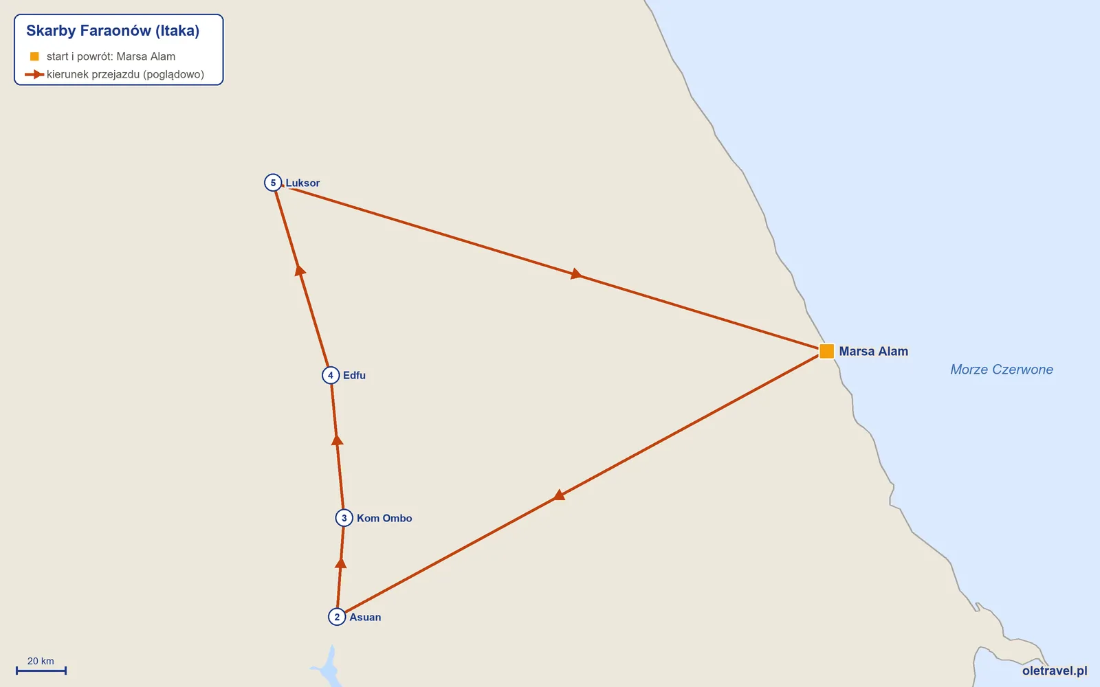 Mapa trasy wycieczki „Skarby Faraonów” z Itaką: Marsa Alam – Asuan – Kom Ombo – Edfu – Luksor – Marsa Alam