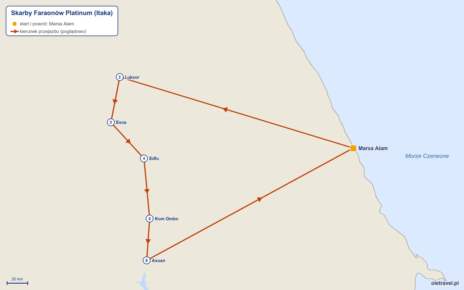 Mapa trasy wycieczki „Skarby Faraonów Platinum” z Itaką: Marsa Alam – Luksor – Esna – Edfu – Kom Ombo – Asuan – Marsa Alam
