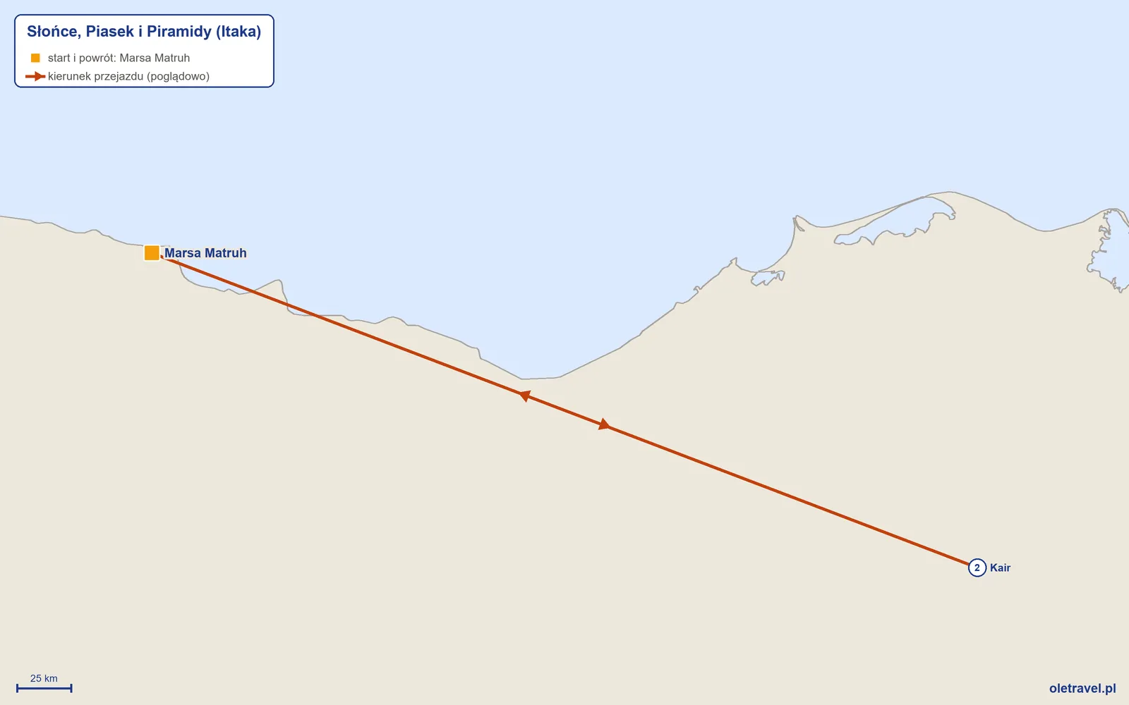 Mapa trasy wycieczki „Słońce, Piasek i Piramidy” z Itaką: Marsa Matruh – Kair – Marsa Matruh