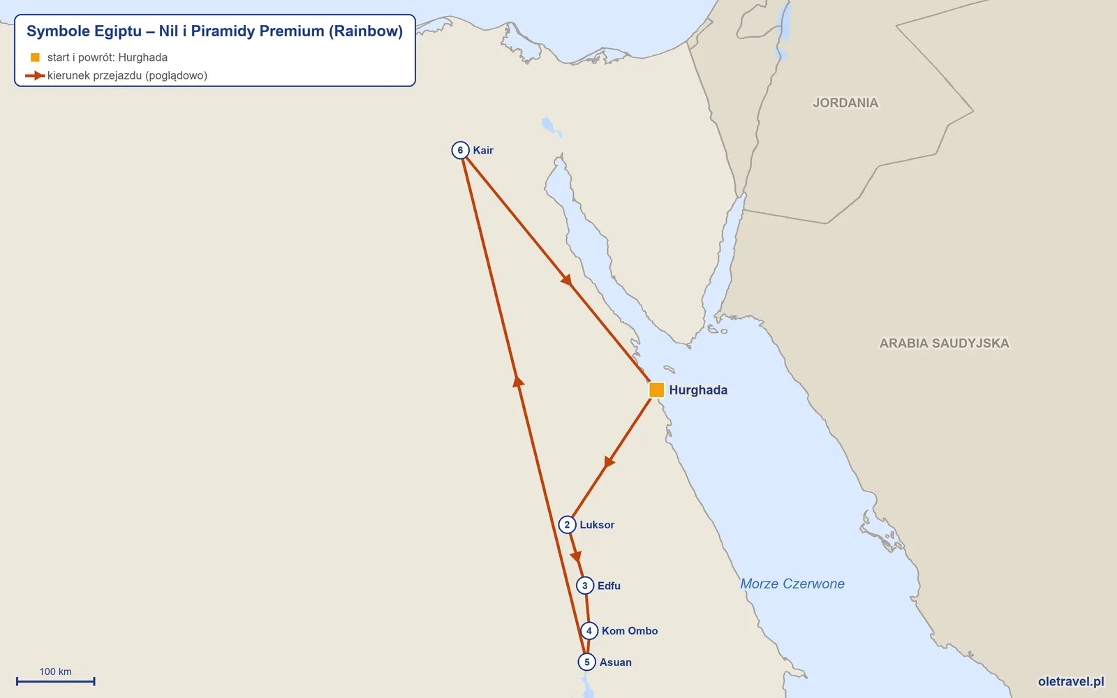 Mapa trasy wycieczki „Symbole Egiptu – Nil i Piramidy Premium” z Rainbow: Hurghada – Luksor – Edfu – Kom Ombo – Asuan – Kair – Hurghada