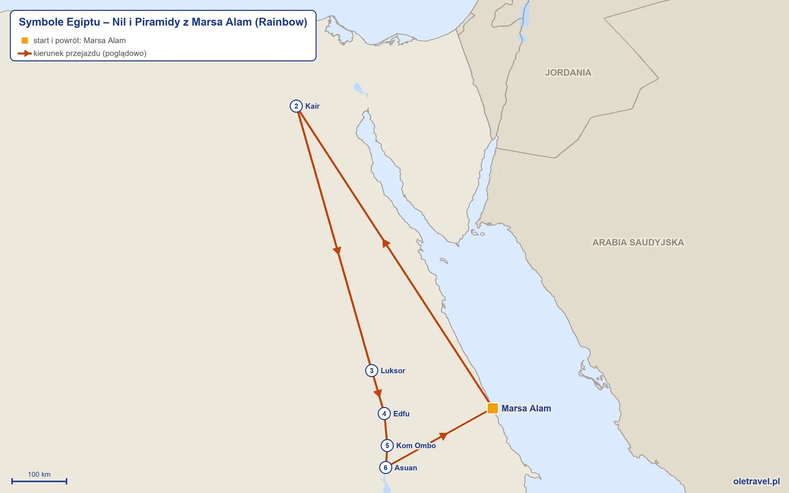 Mapa trasy wycieczki „Symbole Egiptu – Nil i Piramidy z Marsa Alam” z Rainbow: Marsa Alam – Kair – Luksor – Edfu – Kom Ombo – Asuan – Marsa Alam