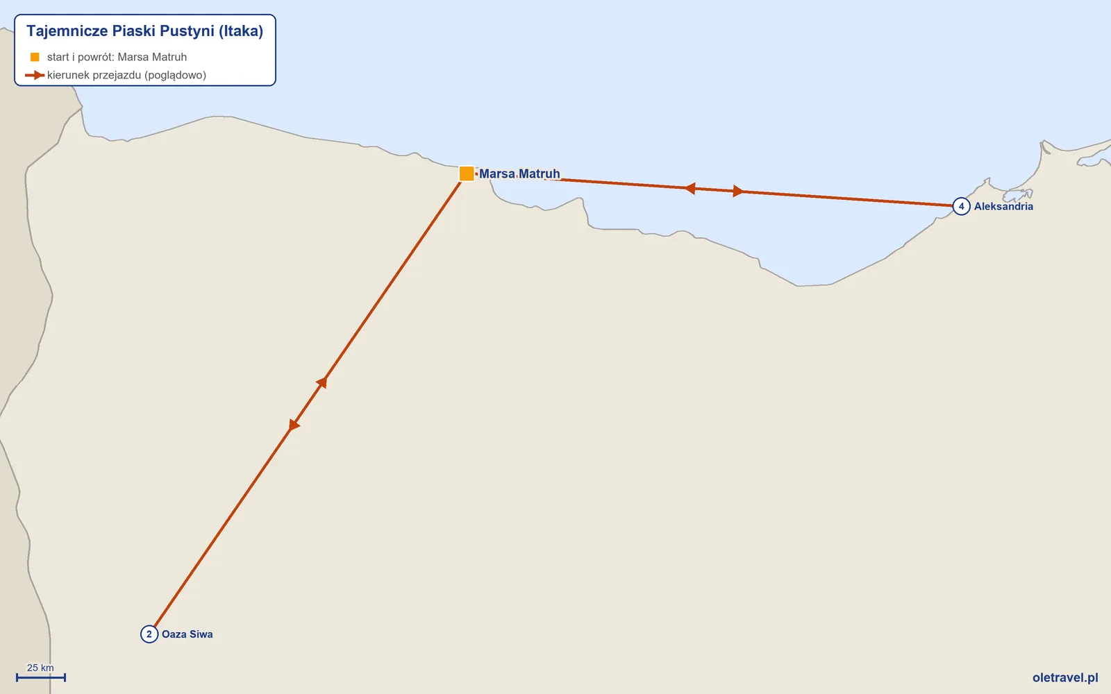 Mapa trasy wycieczki „Tajemnicze Piaski Pustyni” z Itaką: Marsa Matruh – Oaza Siwa – Marsa Matruh – Aleksandria – Marsa Matruh