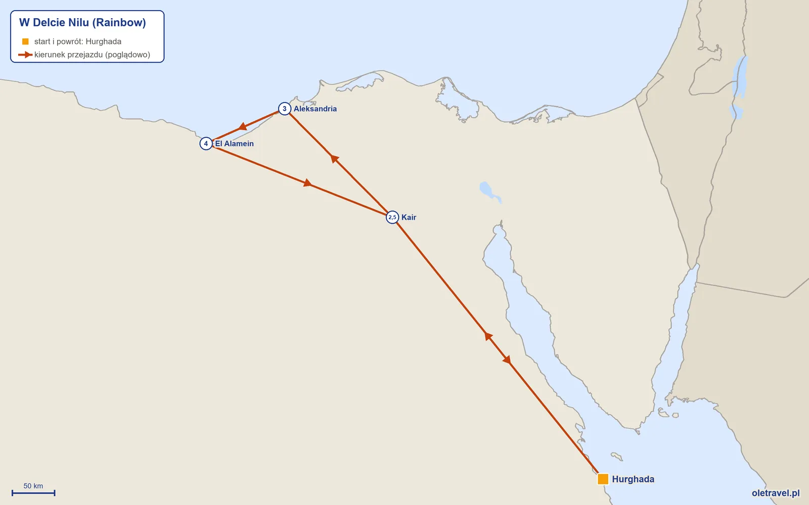 Mapa trasy wycieczki „W Delcie Nilu” z Rainbow: Hurghada – Kair – Aleksandria – El Alamein – Kair – Hurghada