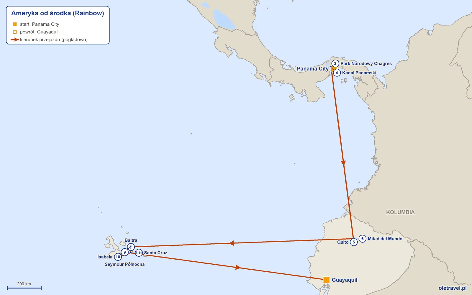 Mapa trasy wycieczki „Ameryka od środka” z Rainbow: Panama City – Park Narodowy Chagres – Panama City – Kanał Panamski – Quito – Mitad del Mundo – Baltra – Santa Cruz – Seymour Północna – Isabela – Santa Cruz – Guayaquil