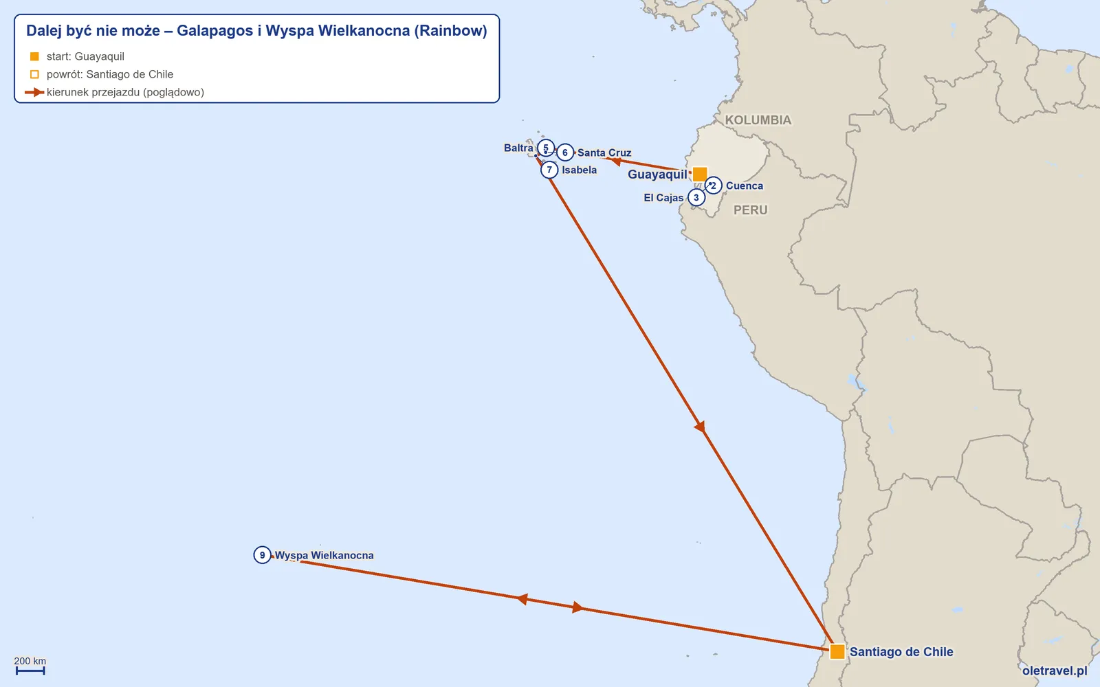 Mapa trasy wycieczki „Dalej być nie może – Galapagos i Wyspa Wielkanocna” z Rainbow: Guayaquil – Cuenca – El Cajas – Guayaquil – Baltra – Santa Cruz – Isabela – Santiago de Chile – Wyspa Wielkanocna – Santiago de Chile