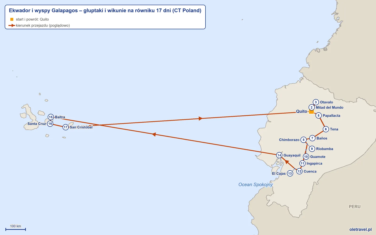 Mapa trasy wycieczki „Ekwador i wyspy Galapagos – głuptaki i wikunie na równiku 17 dni” z CT Poland: Quito – Mitad del Mundo – Otavalo – Quito – Papallacta – Tena – Baños – Chimborazo – Riobamba – Guamote – Ingapirca – Cuenca – El Cajas – Guayaquil – Baltra – Santa Cruz – San Cristóbal – Quito