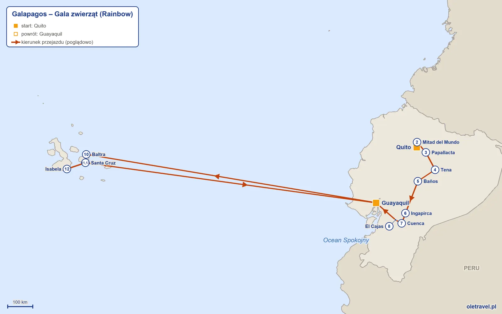 Mapa trasy wycieczki „Galapagos – Gala zwierząt” z Rainbow: Quito – Mitad del Mundo – Papallacta – Tena – Baños – Ingapirca – Cuenca – El Cajas – Guayaquil – Baltra – Santa Cruz – Isabela – Santa Cruz – Guayaquil