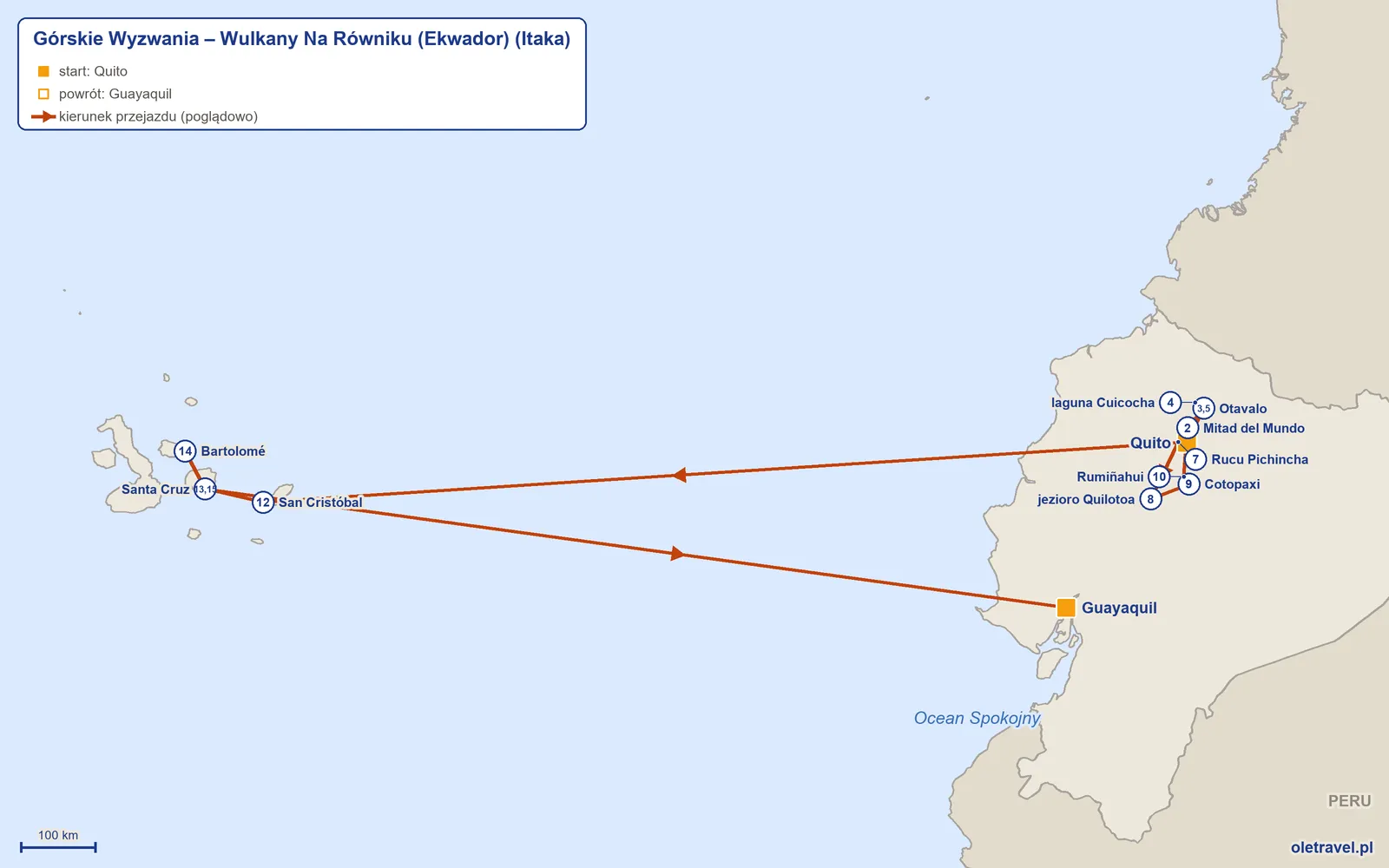 Mapa trasy wycieczki „Górskie Wyzwania – Wulkany Na Równiku (Ekwador)” z Itaką: Quito – Mitad del Mundo – Otavalo – laguna Cuicocha – Otavalo – Quito – Rucu Pichincha – jezioro Quilotoa – Cotopaxi – Rumiñahui – Quito – San Cristóbal – Santa Cruz – Bartolomé – Santa Cruz – Guayaquil