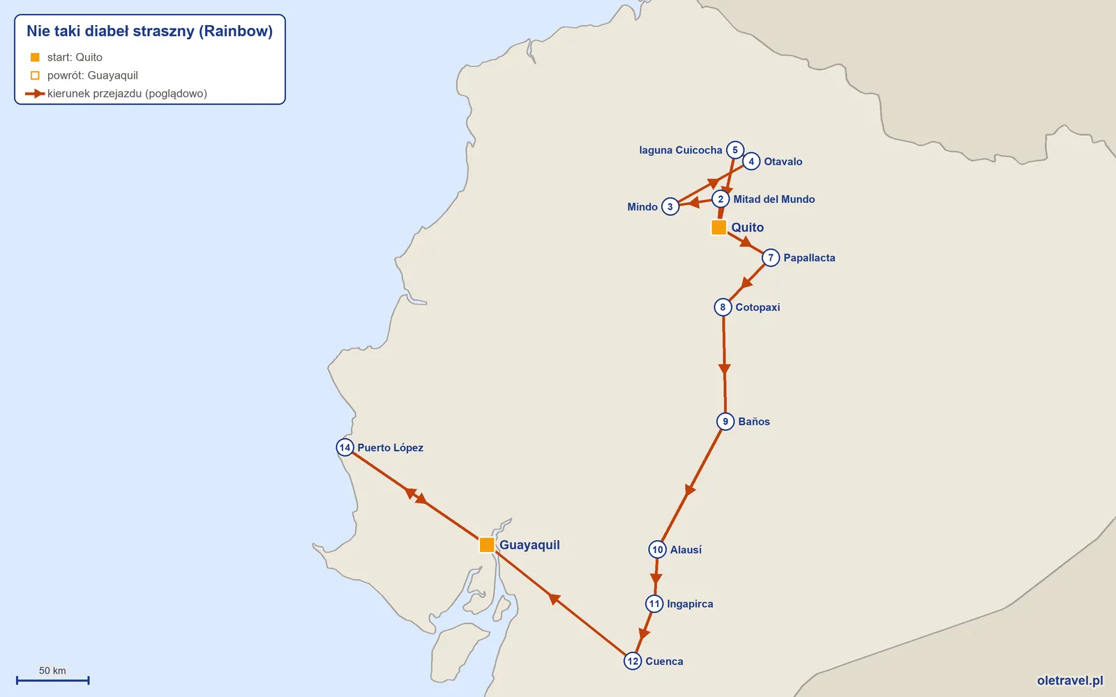 Mapa trasy wycieczki „Nie taki diabeł straszny” z Rainbow: Quito – Mitad del Mundo – Mindo – Otavalo – laguna Cuicocha – Quito – Papallacta – Cotopaxi – Baños – Alausí – Ingapirca – Cuenca – Guayaquil – Puerto López – Guayaquil