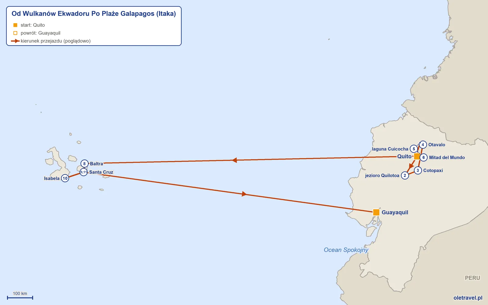 Mapa trasy wycieczki „Od Wulkanów Ekwadoru Po Plaże Galapagos” z Itaką: Quito – jezioro Quilotoa – Cotopaxi – Otavalo – laguna Cuicocha – Mitad del Mundo – Quito – Baltra – Santa Cruz – Isabela – Santa Cruz – Guayaquil