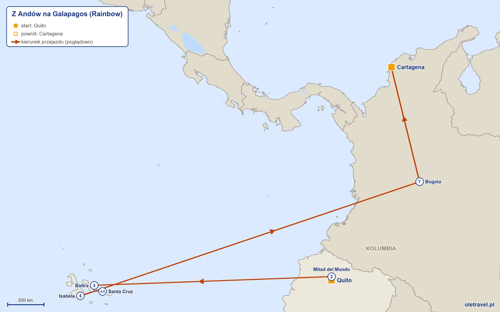 Mapa trasy wycieczki „Z Andów na Galapagos” z Rainbow: Quito – Mitad del Mundo – Baltra – Santa Cruz – Isabela – Santa Cruz – Bogota – Cartagena