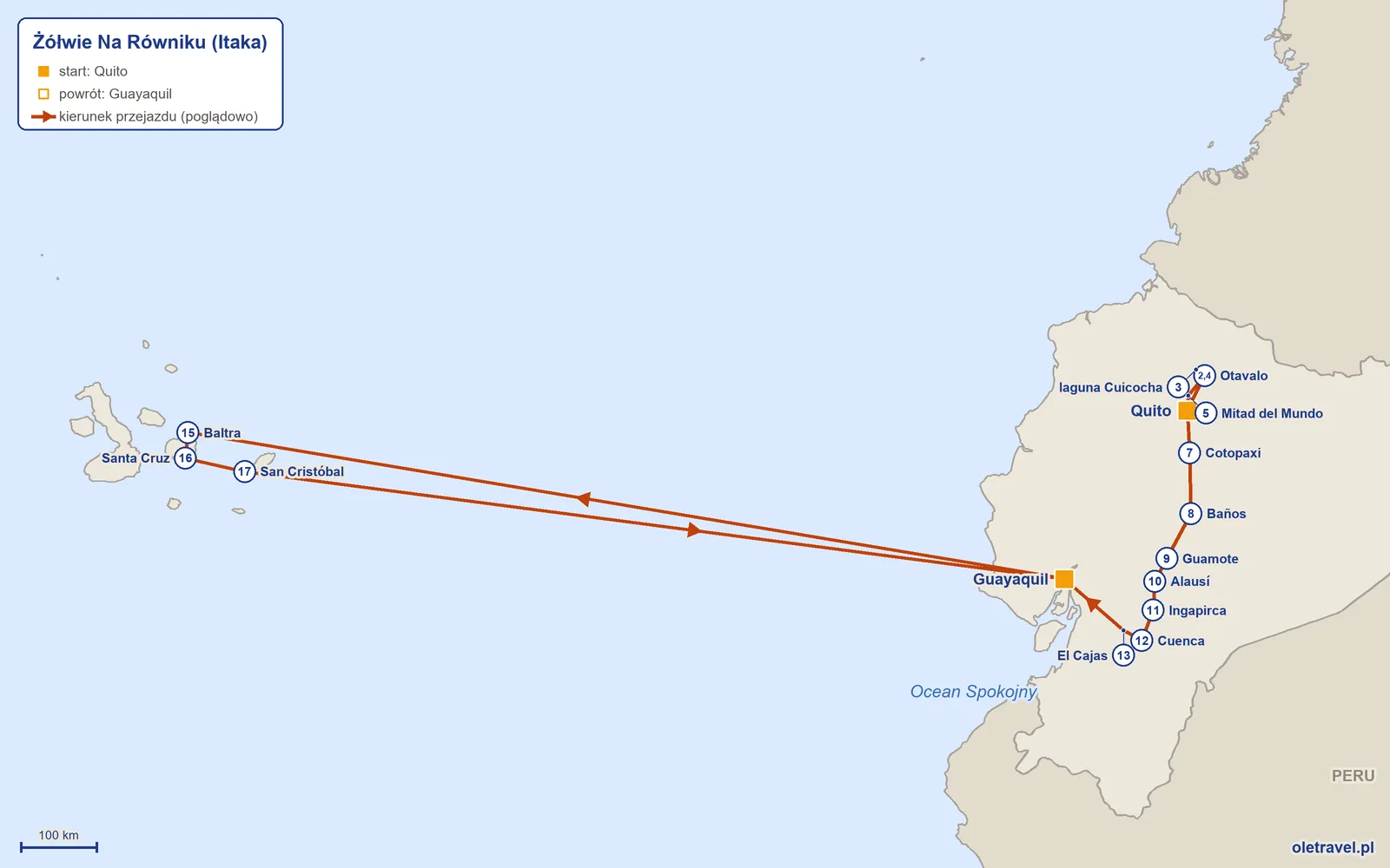 Mapa trasy wycieczki „Żółwie Na Równiku” z Itaką: Quito – Otavalo – laguna Cuicocha – Otavalo – Mitad del Mundo – Quito – Cotopaxi – Baños – Guamote – Alausí – Ingapirca – Cuenca – El Cajas – Guayaquil – Baltra – Santa Cruz – San Cristóbal – Guayaquil