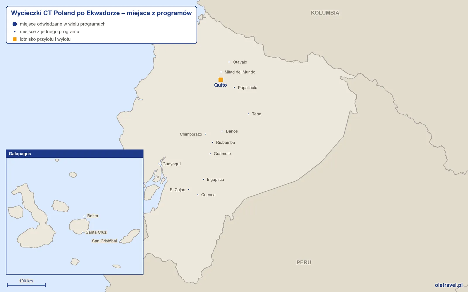Mapa: Ekwador z miejscami z programów wycieczek objazdowych CT Poland