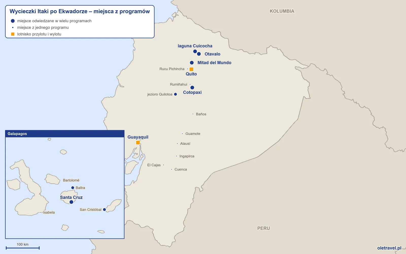 Mapa: Ekwador z miejscami z programów wycieczek objazdowych Itaki