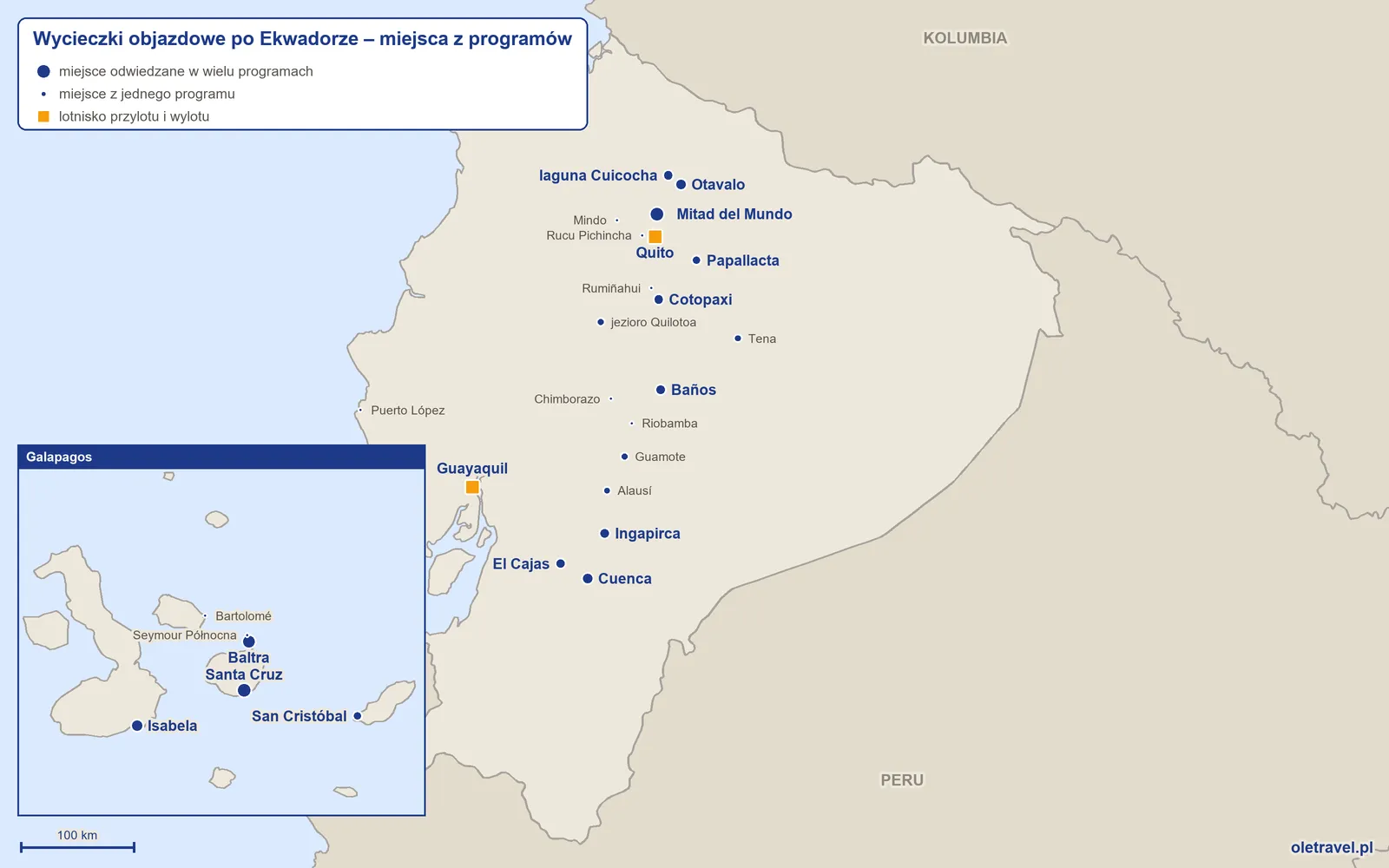 Mapa: Ekwador z miejscami odwiedzanymi na wycieczkach objazdowych z naszej oferty