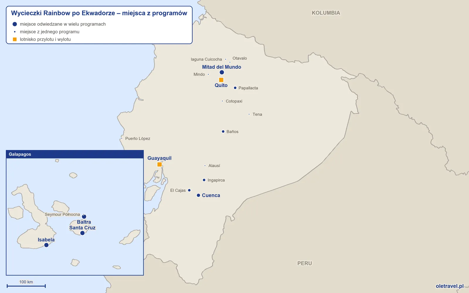 Mapa: Ekwador z miejscami z programów wycieczek objazdowych Rainbow