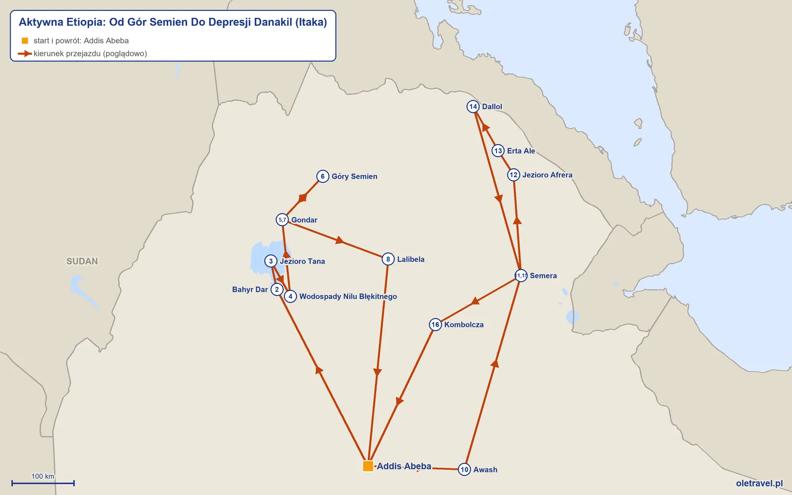 Mapa trasy wycieczki „Aktywna Etiopia: Od Gór Semien Do Depresji Danakil” z Itaką: Addis Abeba – Bahyr Dar – Jezioro Tana – Wodospady Nilu Błękitnego – Gondar – Góry Semien – Gondar – Lalibela – Addis Abeba – Awash – Semera – Jezioro Afrera – Erta Ale – Dallol – Semera – Kombolcza – Addis Abeba