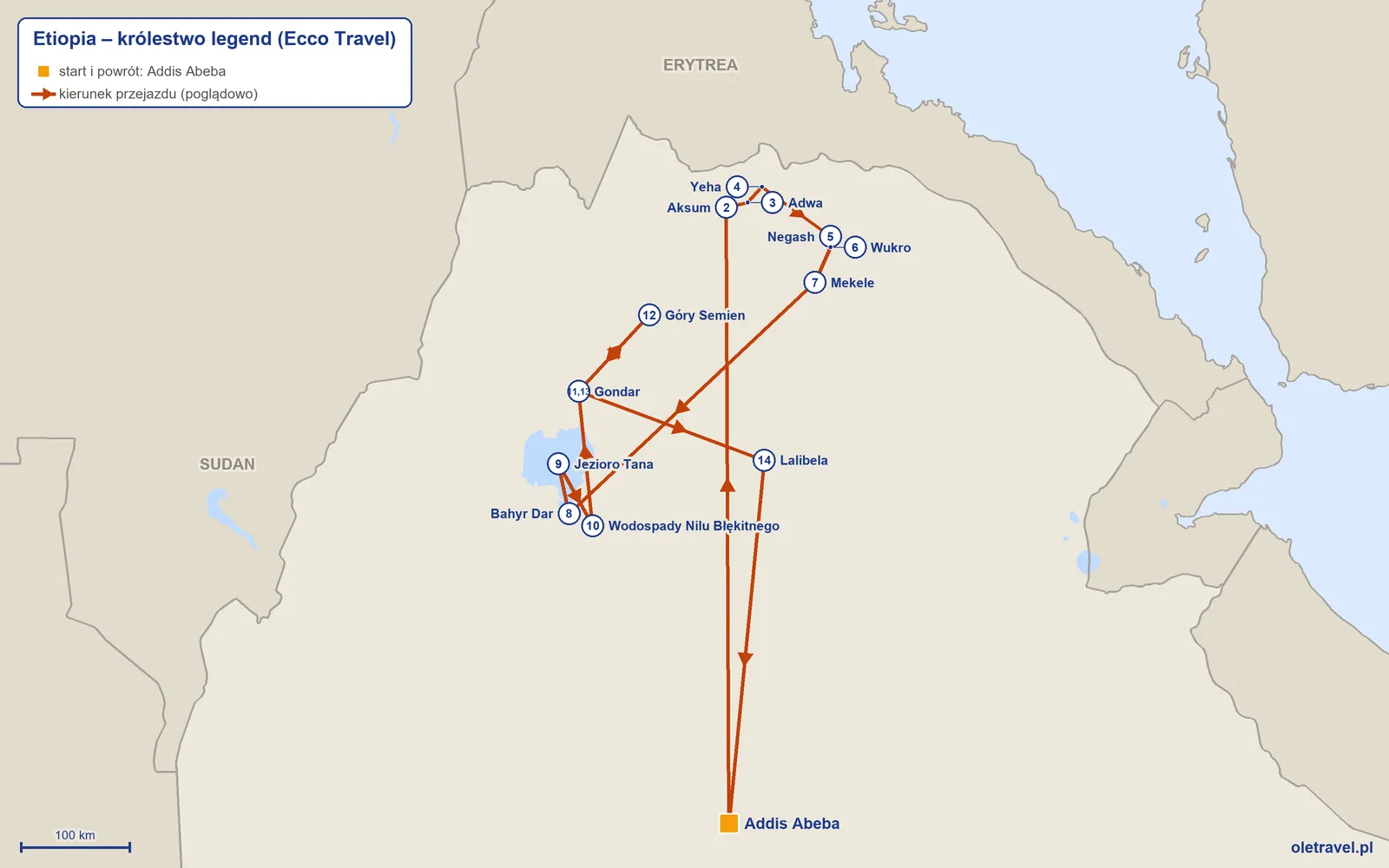 Mapa trasy wycieczki „Etiopia – królestwo legend” z Ecco Travel: Addis Abeba – Aksum – Adwa – Yeha – Negash – Wukro – Mekele – Bahyr Dar – Jezioro Tana – Wodospady Nilu Błękitnego – Gondar – Góry Semien – Gondar – Lalibela – Addis Abeba