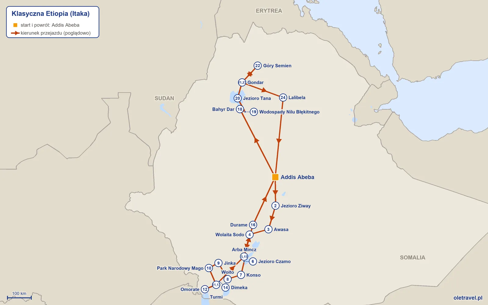 Mapa trasy wycieczki „Klasyczna Etiopia” z Itaką: Addis Abeba – Jezioro Ziway – Awasa – Wolaita Sodo – Arba Mincz – Jezioro Czamo – Konso – Woito – Jinka – Park Narodowy Mago – Turmi – Omorate – Turmi – Dimeka – Arba Mincz – Durame – Addis Abeba – Bahyr Dar – Wodospady Nilu Błękitnego – Jezioro Tana – Gondar – Góry Semien – Gondar – Lalibela – Addis Abeba