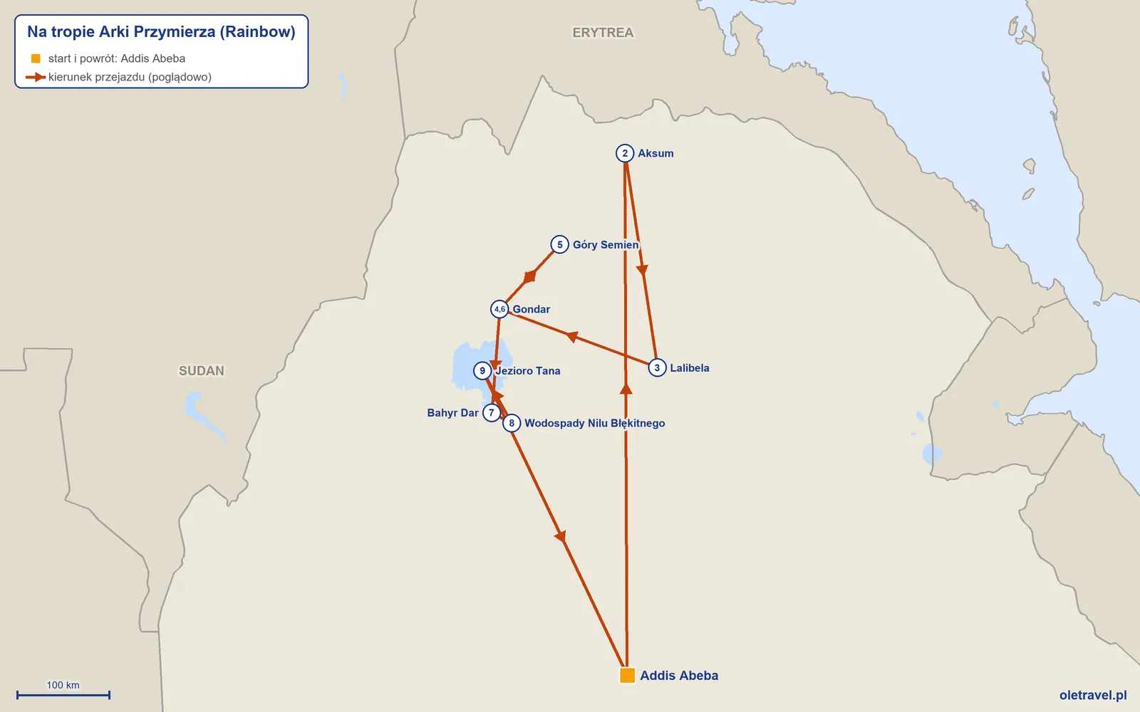 Mapa trasy wycieczki „Na tropie Arki Przymierza” z Rainbow: Addis Abeba – Aksum – Lalibela – Gondar – Góry Semien – Gondar – Bahyr Dar – Wodospady Nilu Błękitnego – Jezioro Tana – Addis Abeba
