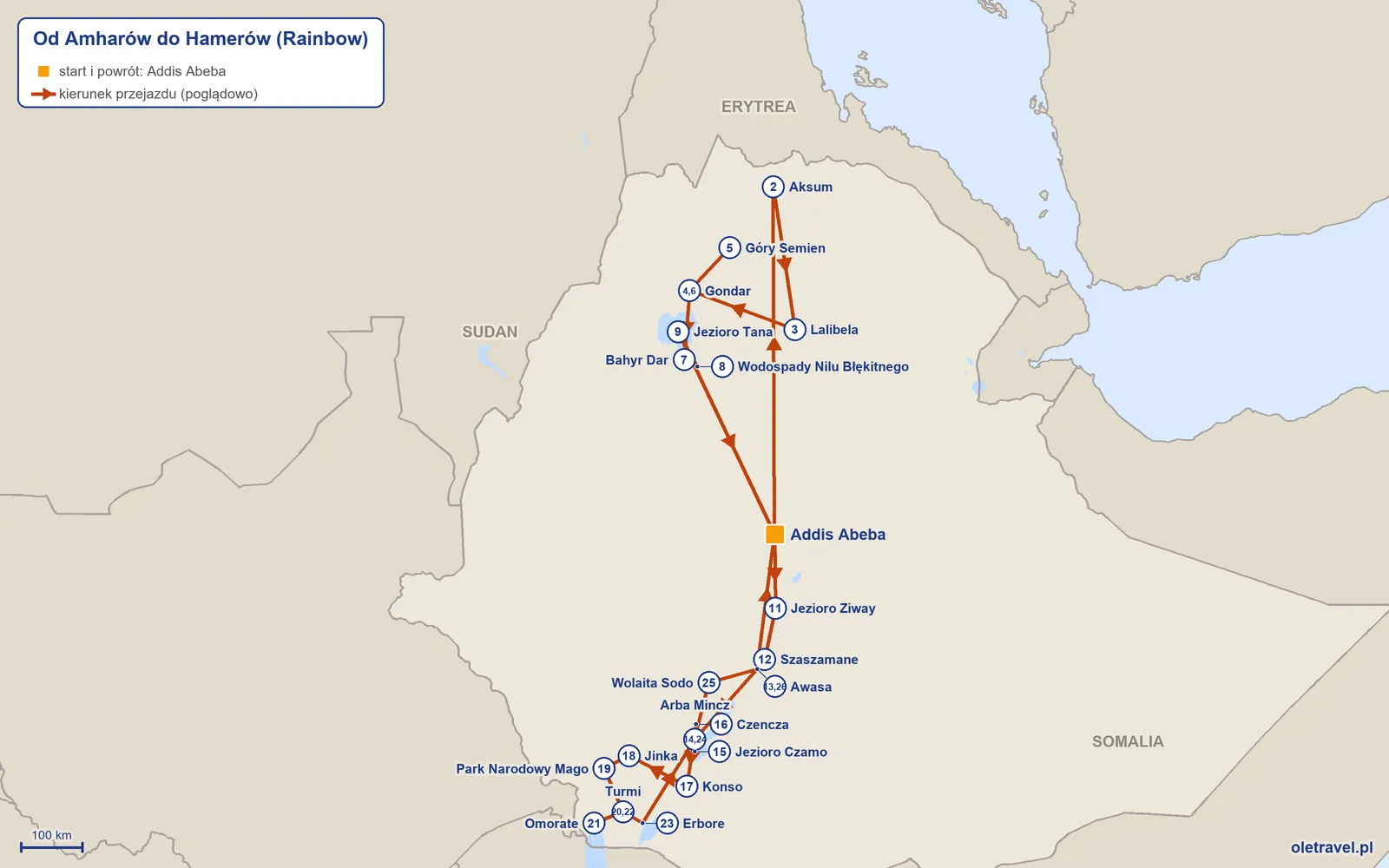 Mapa trasy wycieczki „Od Amharów do Hamerów” z Rainbow: Addis Abeba – Aksum – Lalibela – Gondar – Góry Semien – Gondar – Bahyr Dar – Wodospady Nilu Błękitnego – Jezioro Tana – Addis Abeba – Jezioro Ziway – Szaszamane – Awasa – Arba Mincz – Jezioro Czamo – Czencza – Konso – Jinka – Park Narodowy Mago – Turmi – Omorate – Turmi – Erbore – Arba Mincz – Wolaita Sodo – Awasa – Addis Abeba