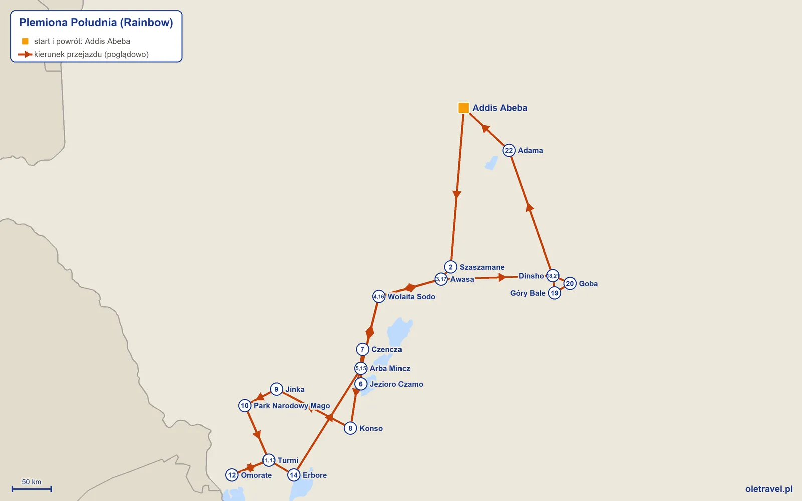 Mapa trasy wycieczki „Plemiona Południa” z Rainbow: Addis Abeba – Szaszamane – Awasa – Wolaita Sodo – Arba Mincz – Jezioro Czamo – Czencza – Konso – Jinka – Park Narodowy Mago – Turmi – Omorate – Turmi – Erbore – Arba Mincz – Wolaita Sodo – Awasa – Dinsho – Góry Bale – Goba – Dinsho – Adama – Addis Abeba