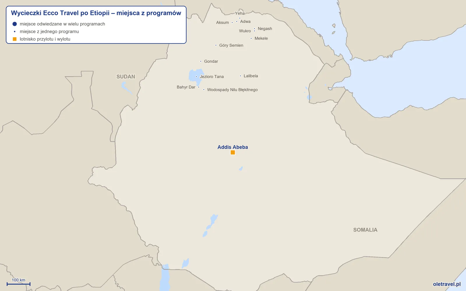 Mapa: Etiopia z miejscami z programów wycieczek objazdowych Ecco Travel