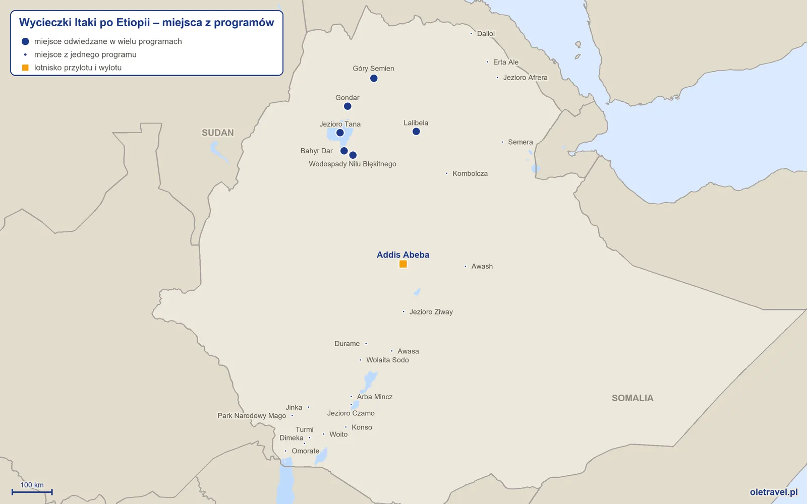 Mapa: Etiopia z miejscami z programów wycieczek objazdowych Itaki