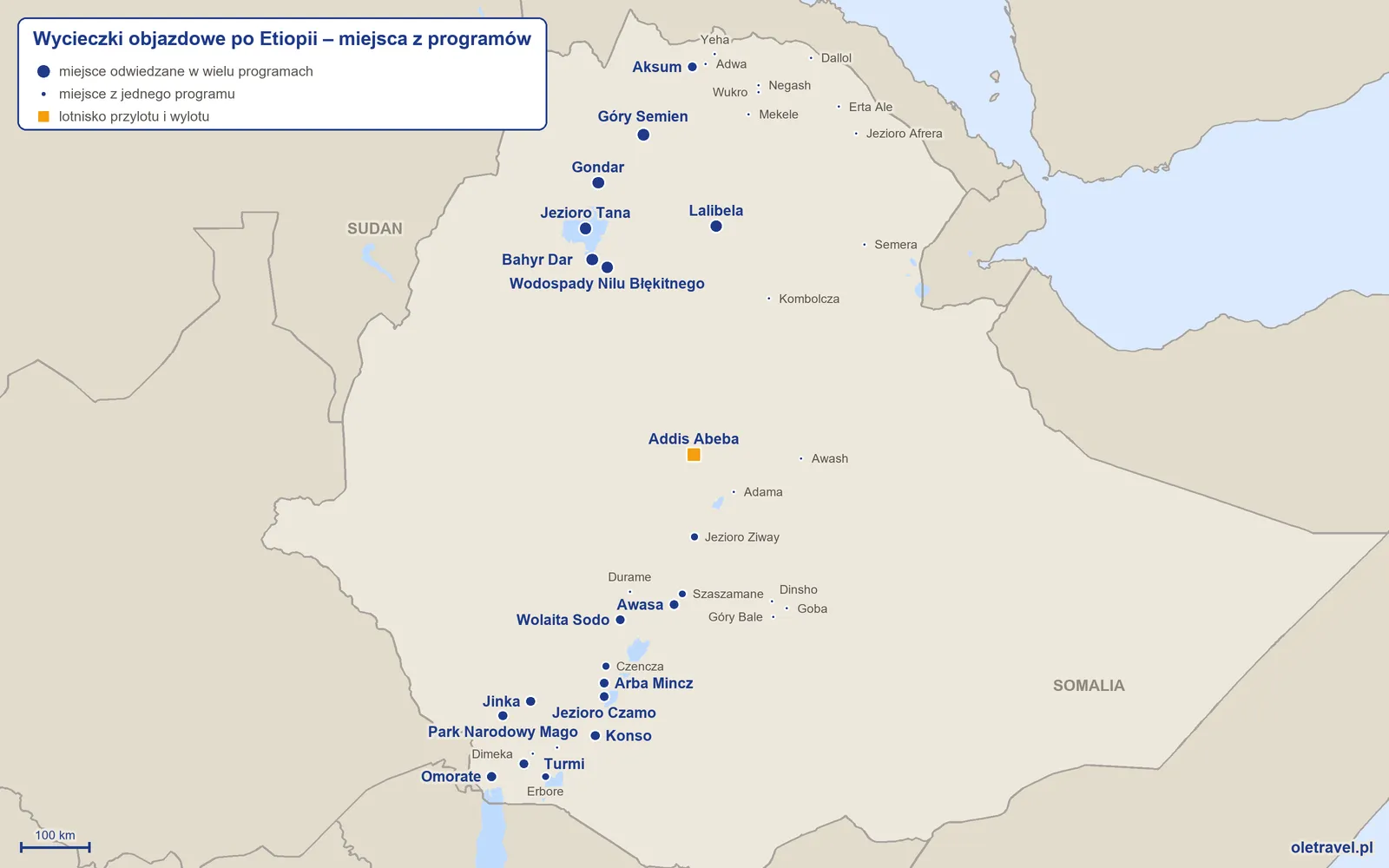 Mapa: Etiopia z miejscami odwiedzanymi na wycieczkach objazdowych z naszej oferty