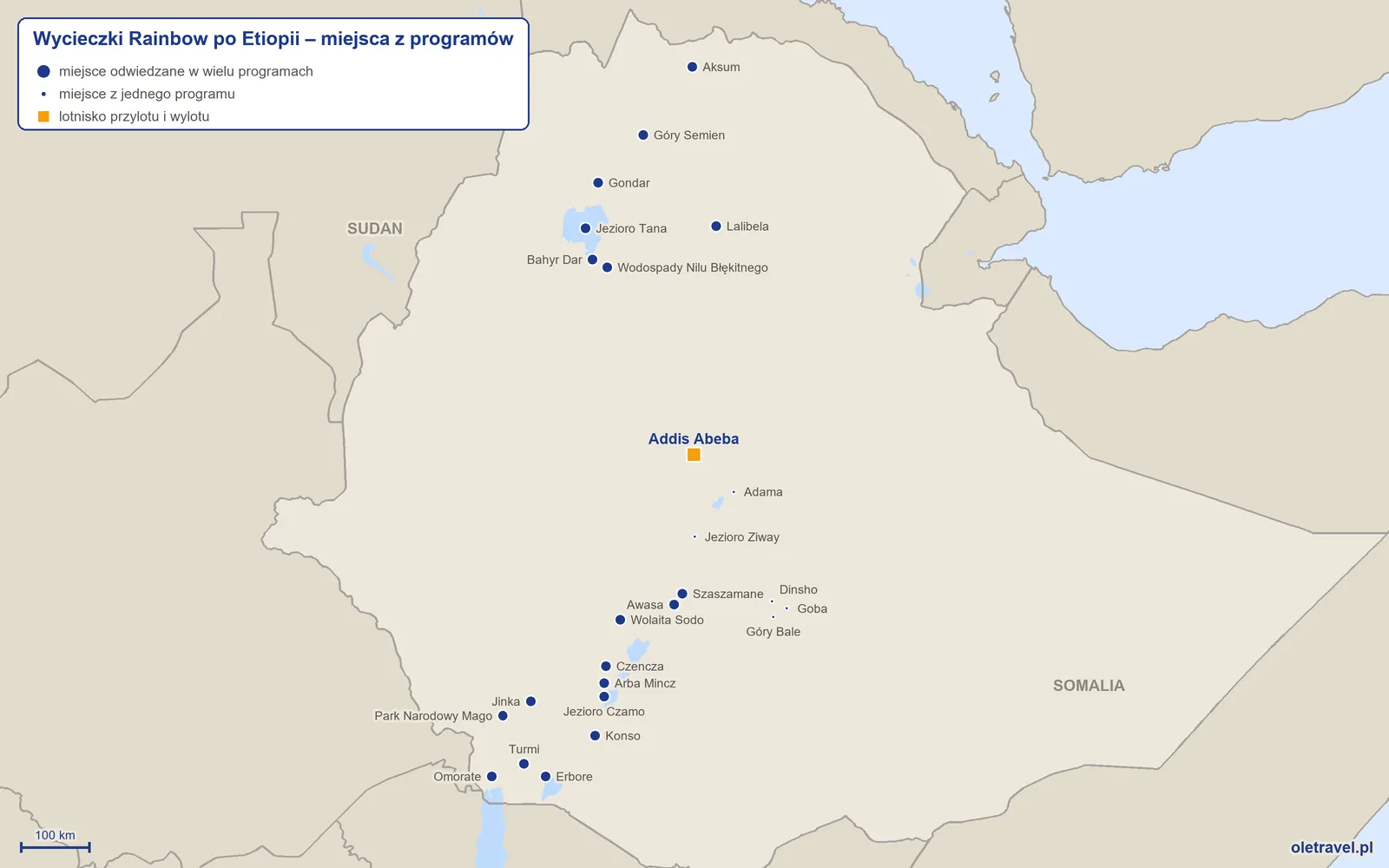 Mapa: Etiopia z miejscami z programów wycieczek objazdowych Rainbow