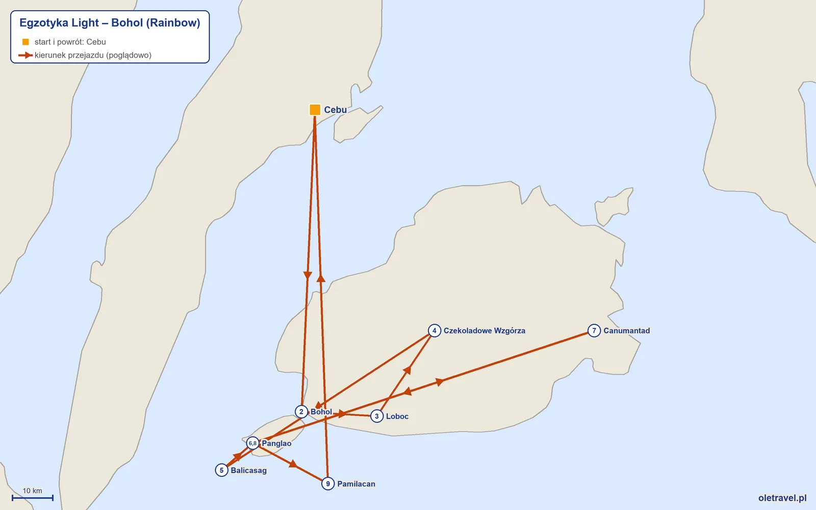 Mapa trasy wycieczki „Egzotyka Light – Bohol” z Rainbow: Cebu – Bohol – Loboc – Czekoladowe Wzgórza – Balicasag – Panglao – Canumantad – Panglao – Pamilacan – Cebu
