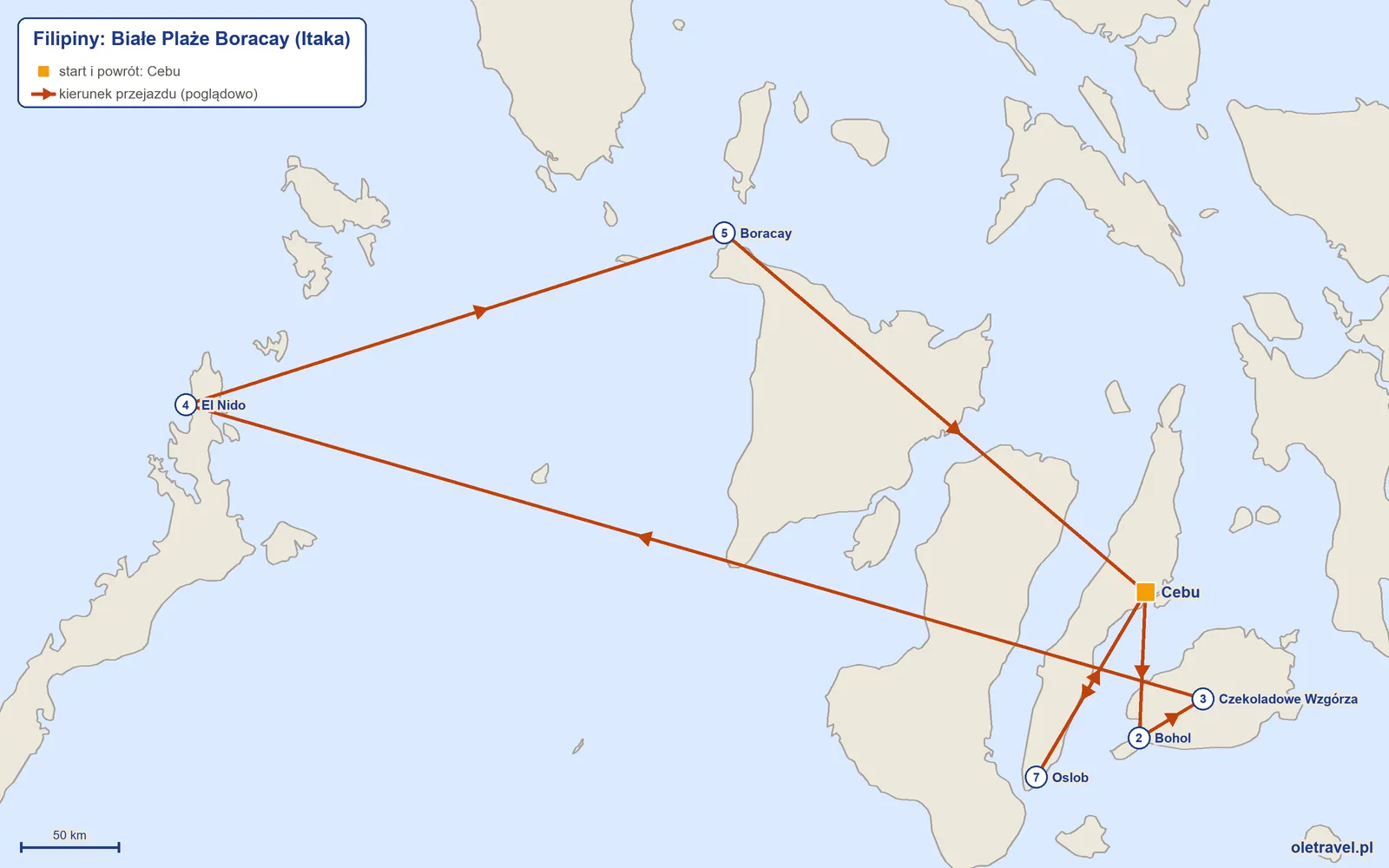 Mapa trasy wycieczki „Filipiny: Białe Plaże Boracay” z Itaką: Cebu – Bohol – Czekoladowe Wzgórza – El Nido – Boracay – Cebu – Oslob – Cebu