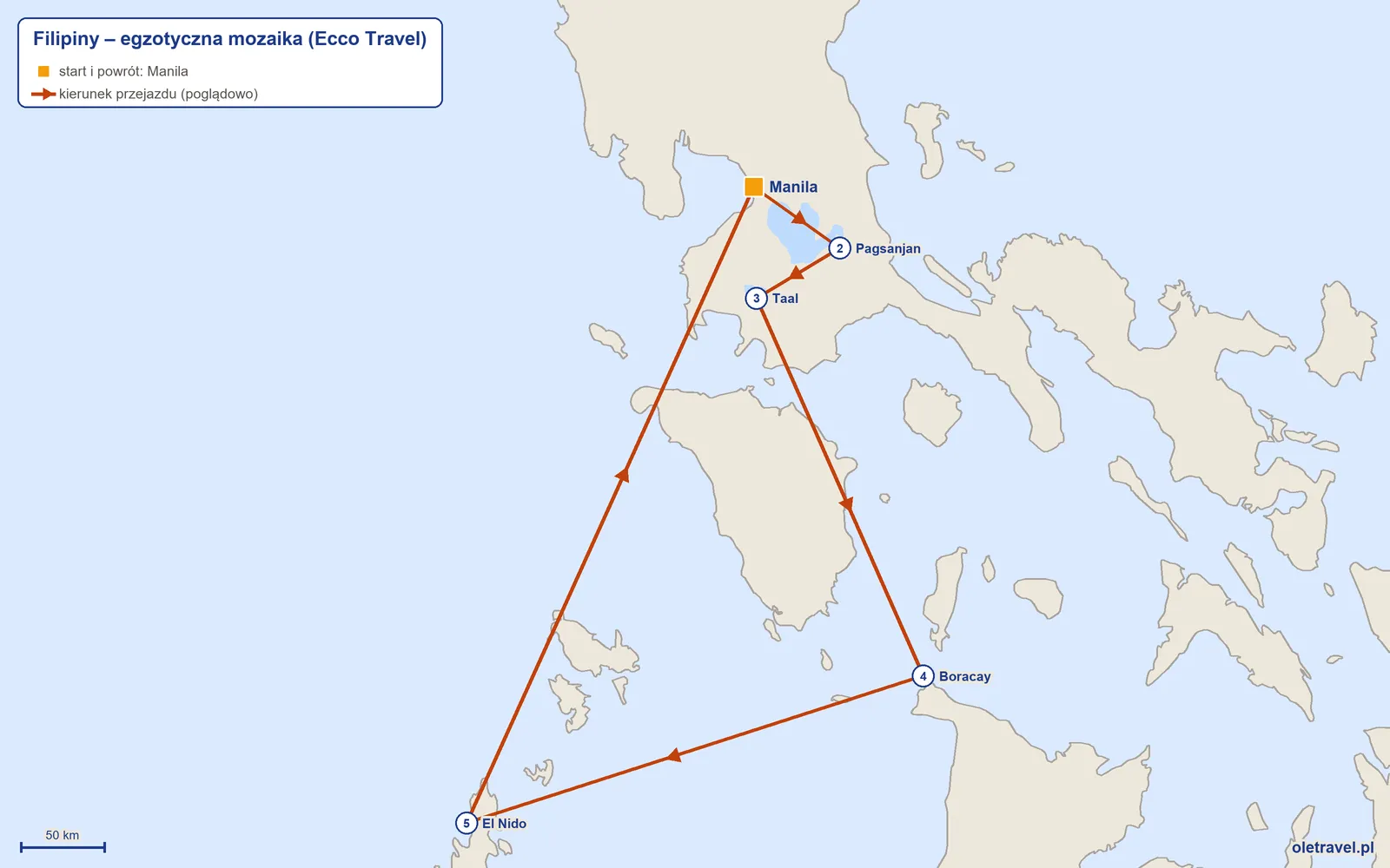 Mapa trasy wycieczki „Filipiny – egzotyczna mozaika” z Ecco Travel: Manila – Pagsanjan – Taal – Boracay – El Nido – Manila