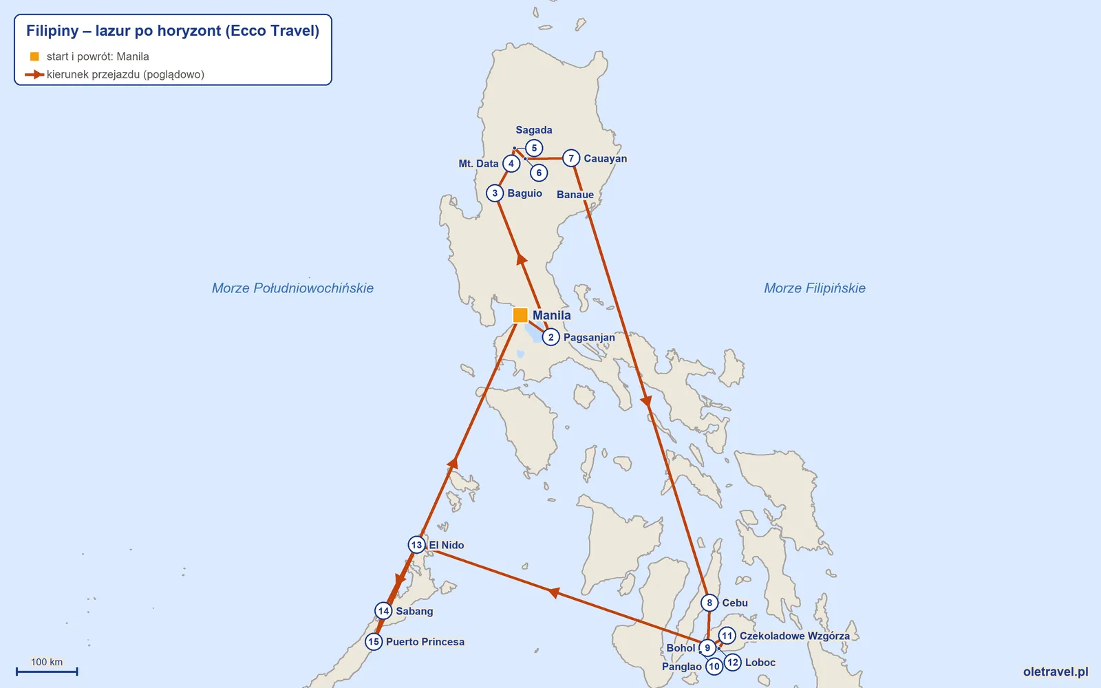 Mapa trasy wycieczki „Filipiny – lazur po horyzont” z Ecco Travel: Manila – Pagsanjan – Baguio – Mt. Data – Sagada – Banaue – Cauayan – Cebu – Bohol – Panglao – Czekoladowe Wzgórza – Loboc – El Nido – Sabang – Puerto Princesa – Manila