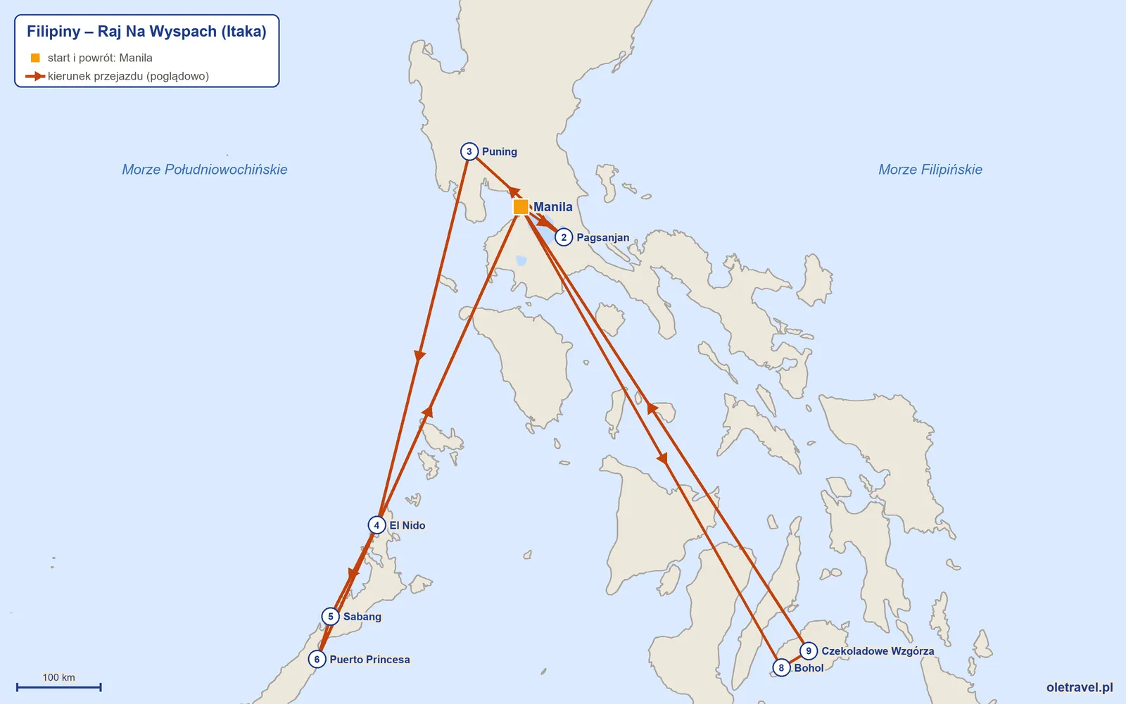 Mapa trasy wycieczki „Filipiny – Raj Na Wyspach” z Itaką: Manila – Pagsanjan – Puning – El Nido – Sabang – Puerto Princesa – Manila – Bohol – Czekoladowe Wzgórza – Manila