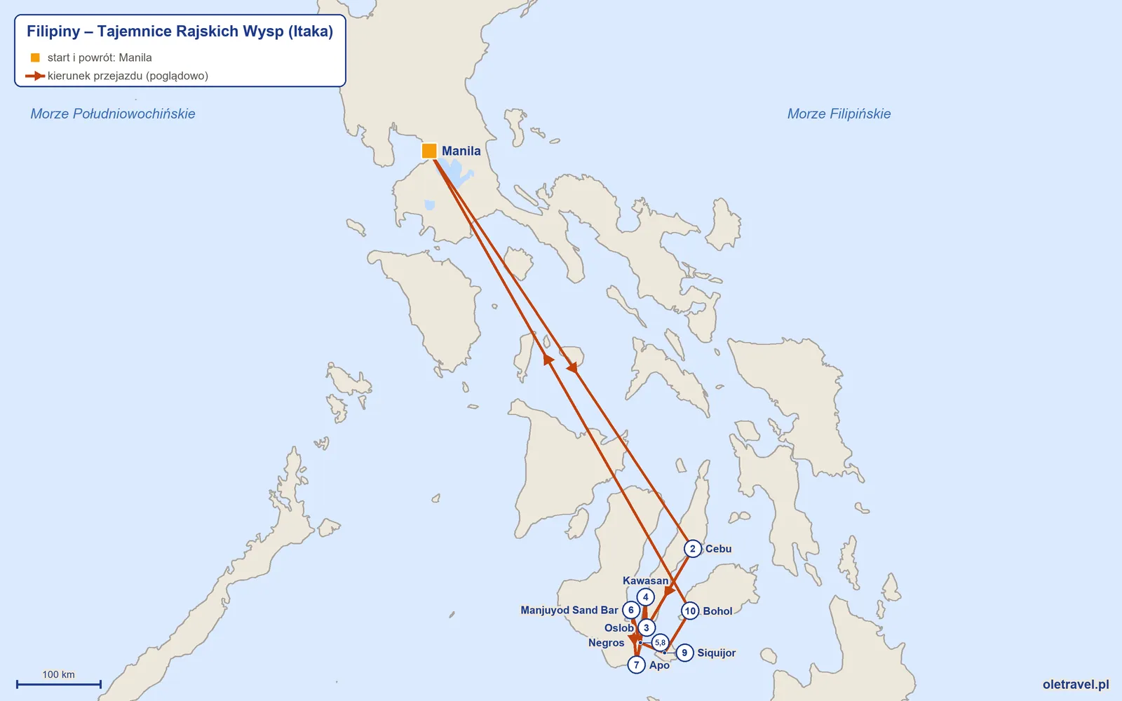 Mapa trasy wycieczki „Filipiny – Tajemnice Rajskich Wysp” z Itaką: Manila – Cebu – Oslob – Kawasan – Negros – Manjuyod Sand Bar – Apo – Negros – Siquijor – Bohol – Manila