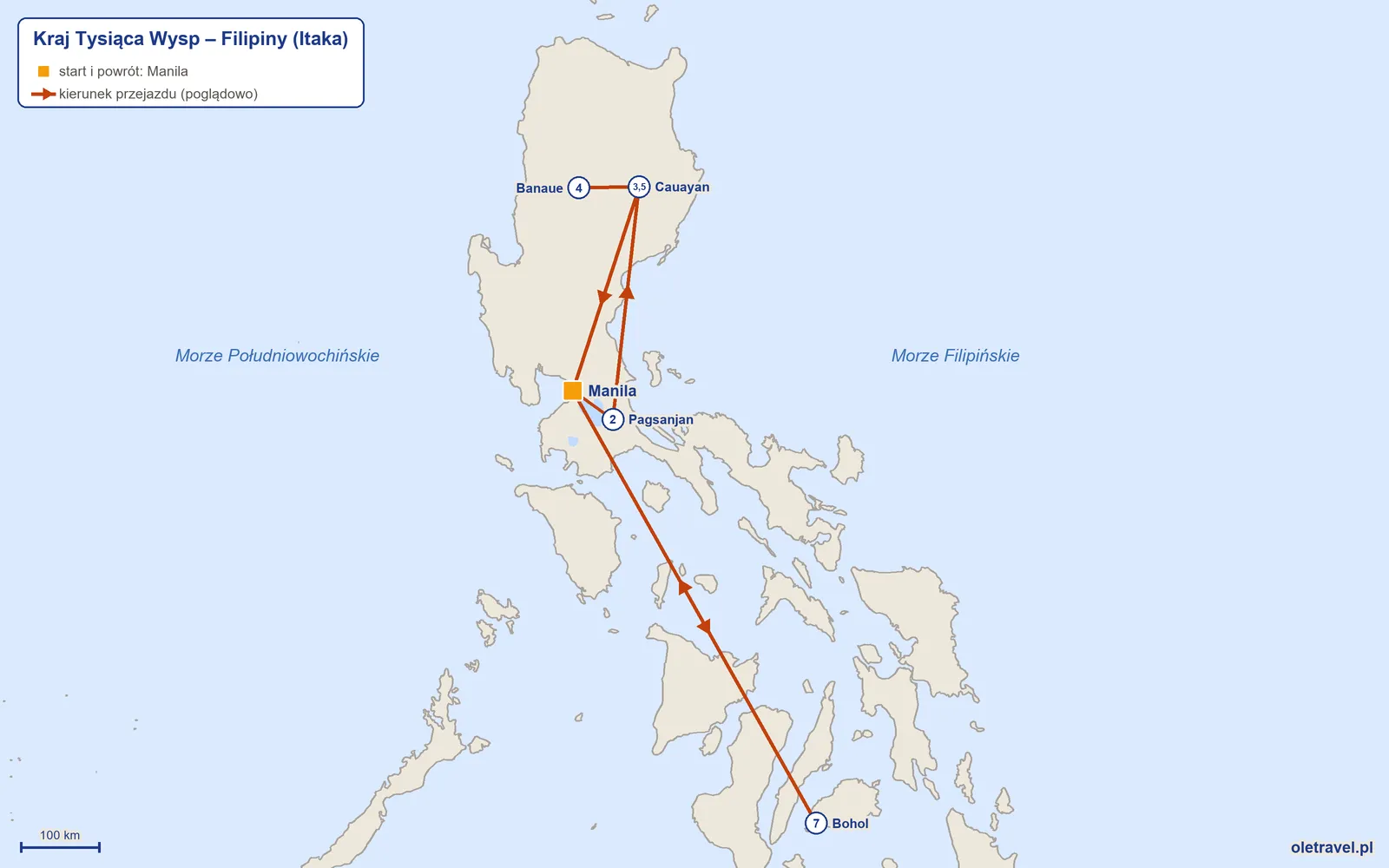 Mapa trasy wycieczki „Kraj Tysiąca Wysp – Filipiny” z Itaką: Manila – Pagsanjan – Cauayan – Banaue – Cauayan – Manila – Bohol – Manila