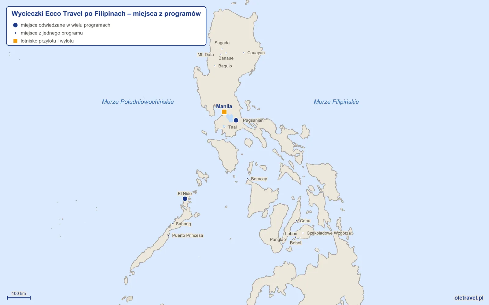 Mapa: Filipiny z miejscami z programów wycieczek objazdowych Ecco Travel