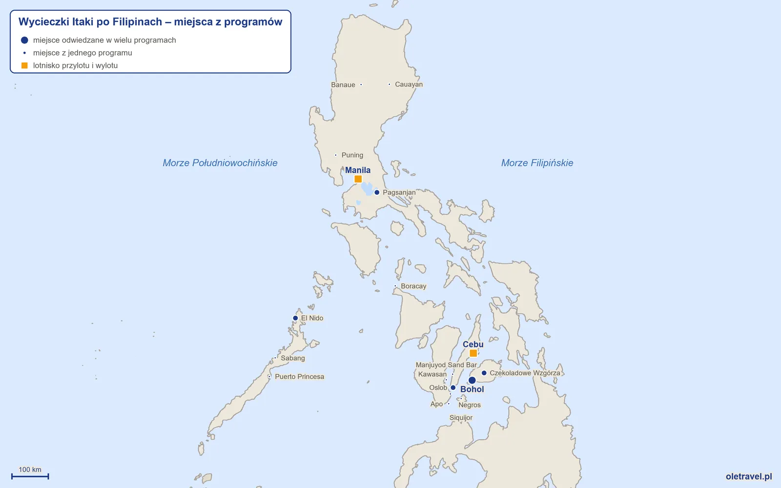 Mapa: Filipiny z miejscami z programów wycieczek objazdowych Itaki