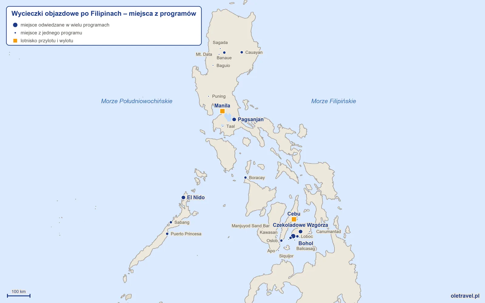 Mapa: Filipiny z miejscami odwiedzanymi na wycieczkach objazdowych z naszej oferty