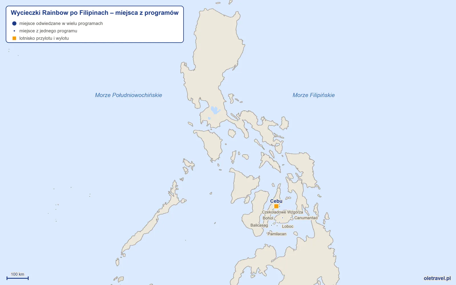 Mapa: Filipiny z miejscami z programów wycieczek objazdowych Rainbow