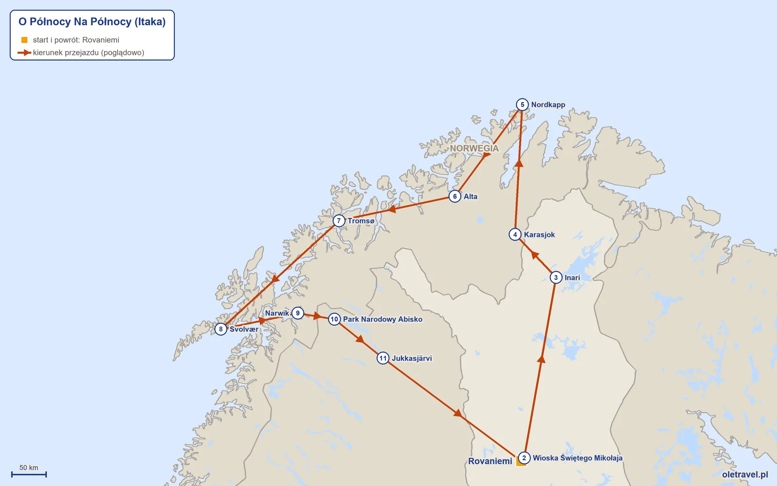 Mapa trasy wycieczki „O Północy Na Północy” z Itaką: Rovaniemi – Wioska Świętego Mikołaja – Inari – Karasjok – Nordkapp – Alta – Tromsø – Svolvær – Narwik – Park Narodowy Abisko – Jukkasjärvi – Rovaniemi